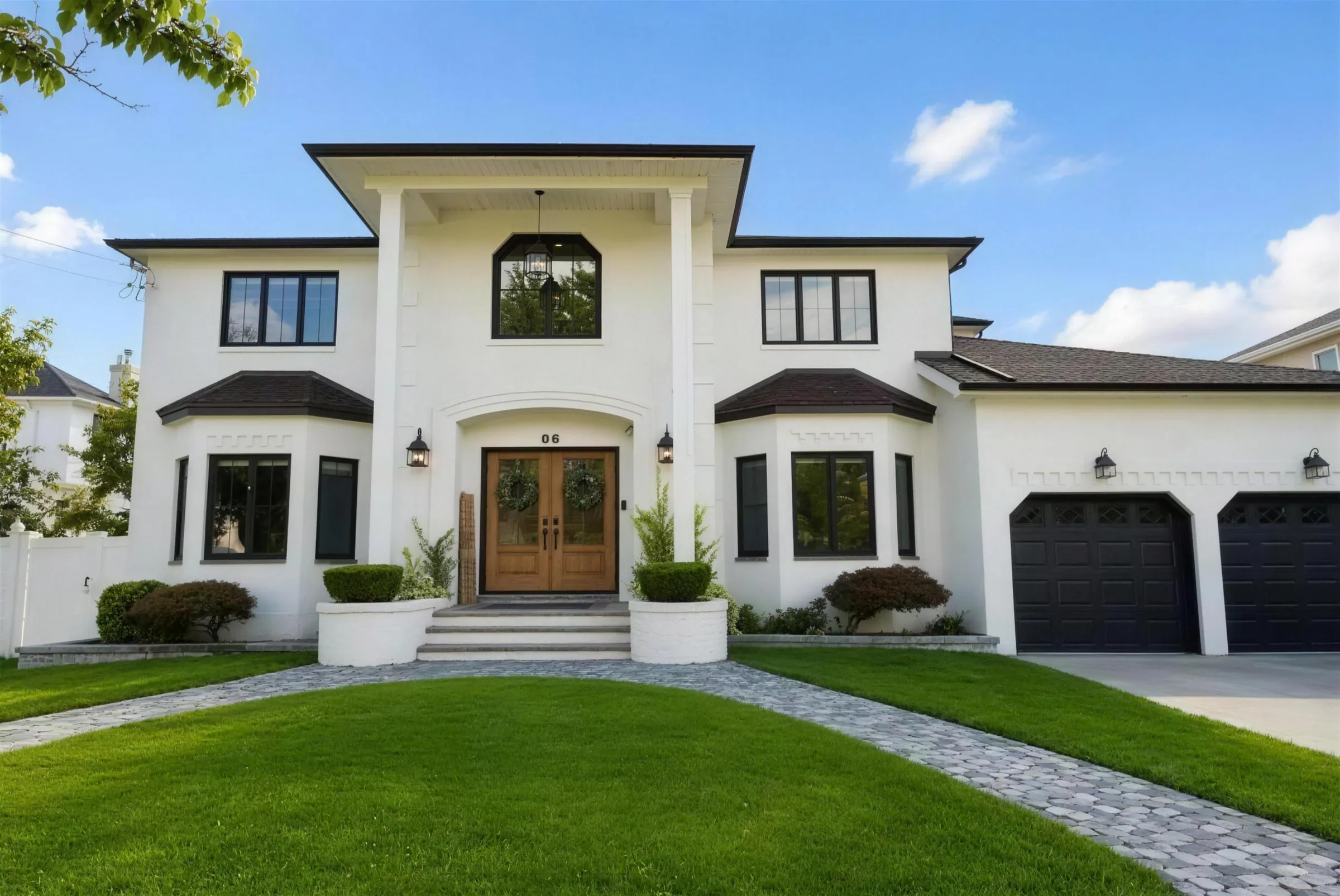 A white colonial with double wood front doors, a stone walk and a wide lawn