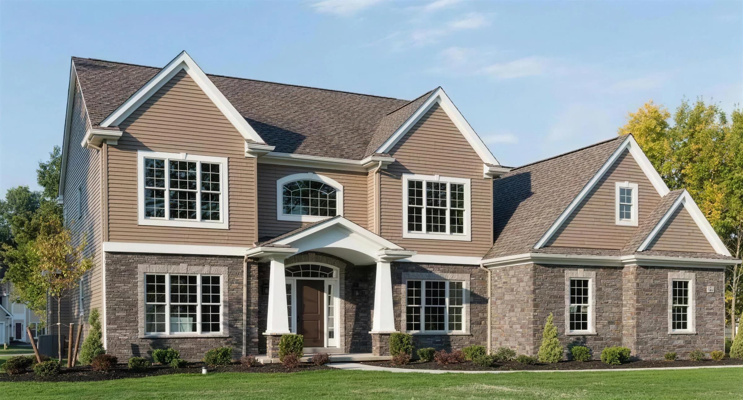 A two-story house with a stone front, a covered entry and a green front lawn
